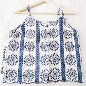 White & Blue Embroidered Button Down Camisole